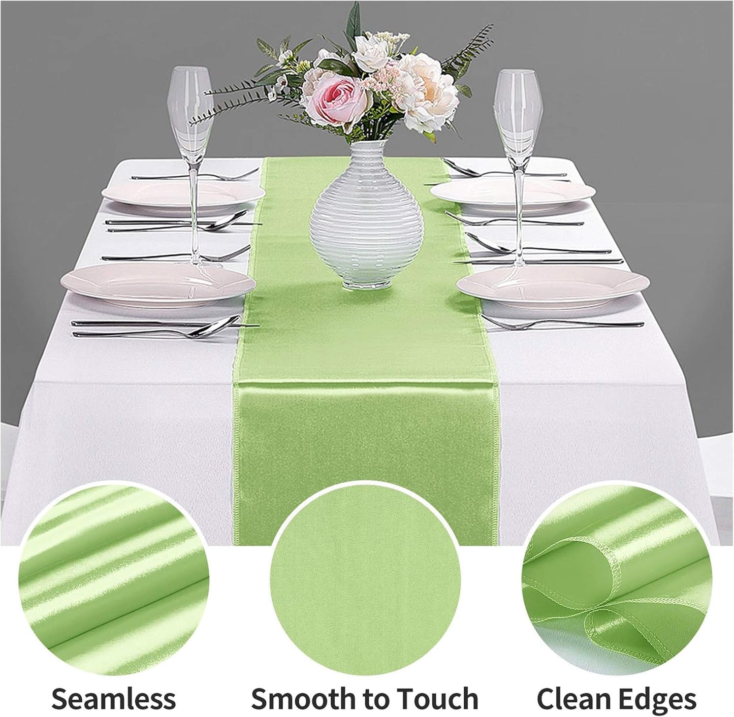 10-Pack Satin Table Runner Light Green 12 x 108 inches Long, Table Runners for Wedding, Birthday Parties, Banquets Decorations（10 Pack, 12x108 Inch, Light Green）