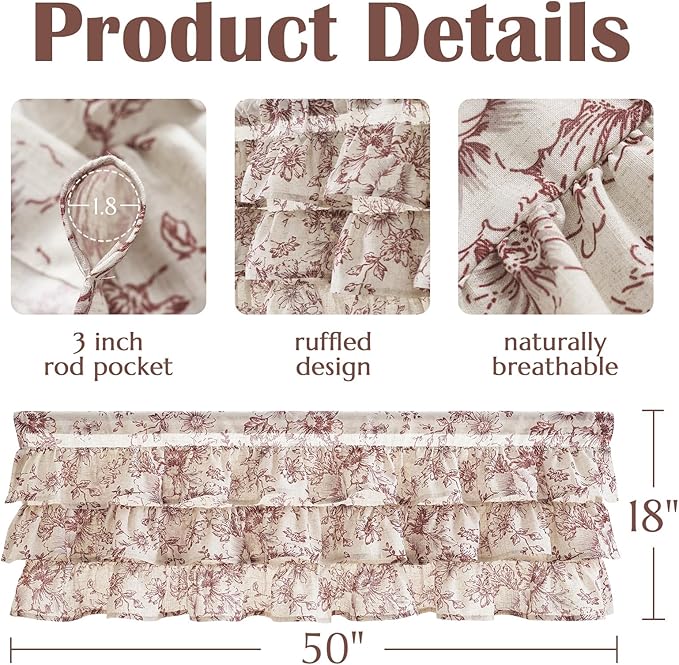 jinchan Ruffled Floral Valance Linen Shabby Chic Small Window Curtain 18 Inch - Image 8