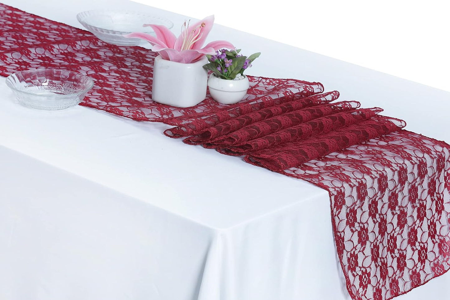 MDS Pack of 25 Wedding 12 x 108 inches Lace Table Runner for Wedding, Decorations for Birthday Parties, Banquets, Graduations, Engagements, and Runners fit Rectangle, Round Table- Maroon