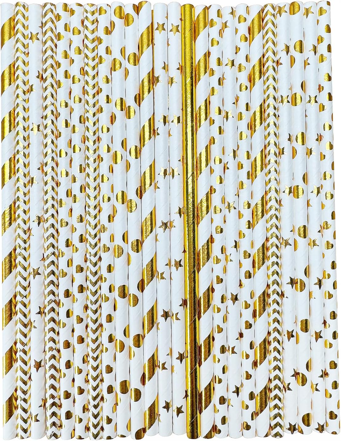 YAOSHENG [100 Pack] Pink & Gold Paper Straws Disposable, 100% Biodegradable Multi-Pattern Party Straws For Birthday, Wedding and Holiday Decoration (golden)
