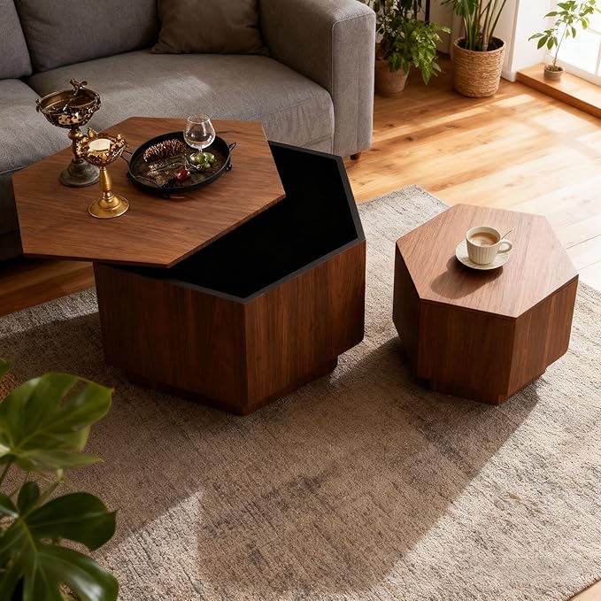 Hexagonal Nesting Coffee Tables Set of 2, Walnut Coffee Table by Vulacko