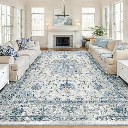 RELEANY Area Rugs 10'x14' Washable Non-Slip, Floral Vintage Distress Print by RELEANY