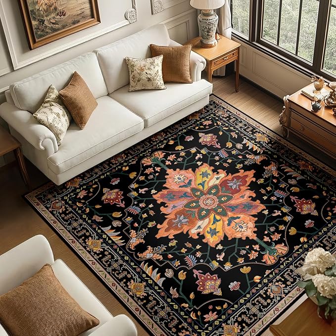 RELEANY Area Rugs Square 6ft Washable Non-Slip, Floral Vintage Distress Print by RELEANY