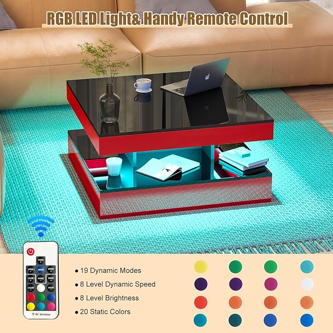 HedoAjim Red LED Coffee Table for Living Room, Living Room Table 2-Tier Square - Image 4