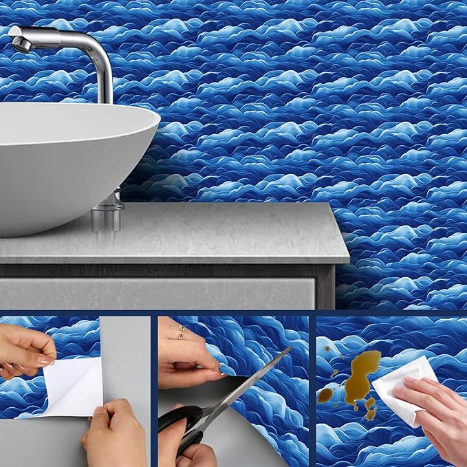 HOMETITUTE Wave Pattern Wallpaper Peel and Stick Ocean Blue Contact Paper Wall - Image 7