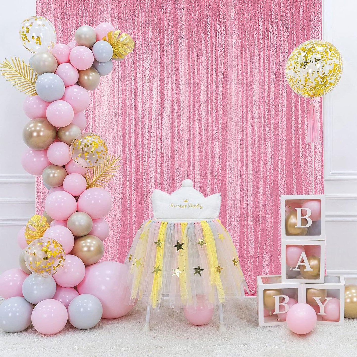 Hahuho Pink Sequin Backdrop Curtain, 2PCS 2FTx8FT Glitter Backdrop Curtain for Parties, Christmas, Wedding, Banquet Decoration（2 Panels, 2FT x 8FT, Pink）