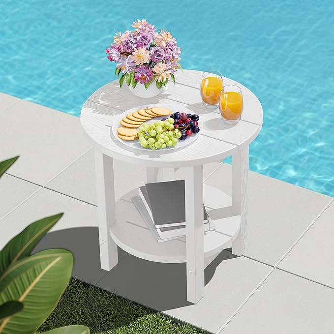 SERWALL Round Outdoor Side Table, HDPE Small Adirondack End Table, 2-Tier Patio - Image 11