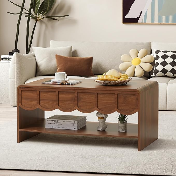 Lift Top Coffee Table with Hidden Compartment, 2 Tier Wooden Center Table with - Image 3
