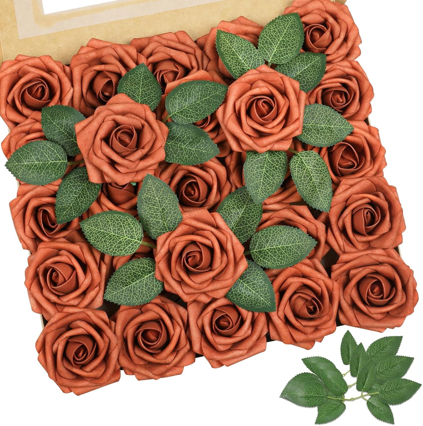 AmyHomie Artificial Flowers Burnt Orange Rose 25pcs Real Looking Fake Roses w/Stem for DIY Wedding Bouquets Centerpieces Arrangements Party Baby Shower Home Decorations