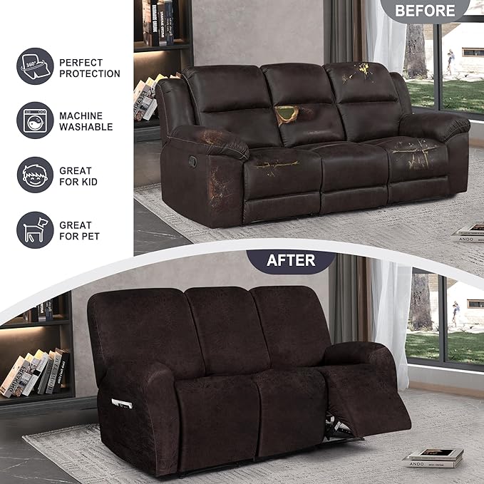 ANARACHON Leather Look Recliner Couch Cover, 8-Pieces Stretch Recliner Sofa - Image 6