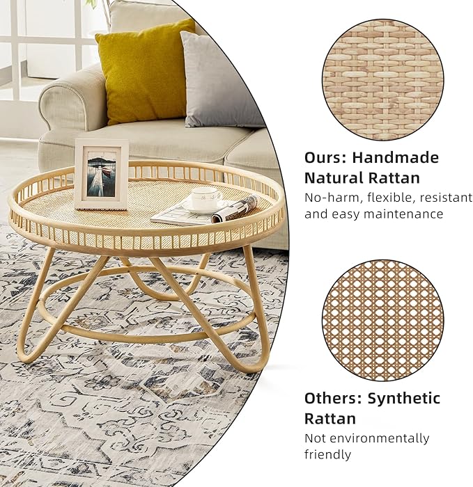 FINECASA Round Rattan Coffee Table, Modern Unique Farmhouse Tray Top Center - Image 3