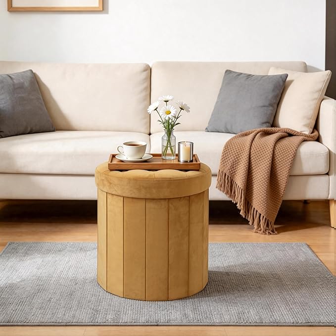 CAROLMADE Round Storage Ottoman, Velvet Folding Footrest Stool - Image 7
