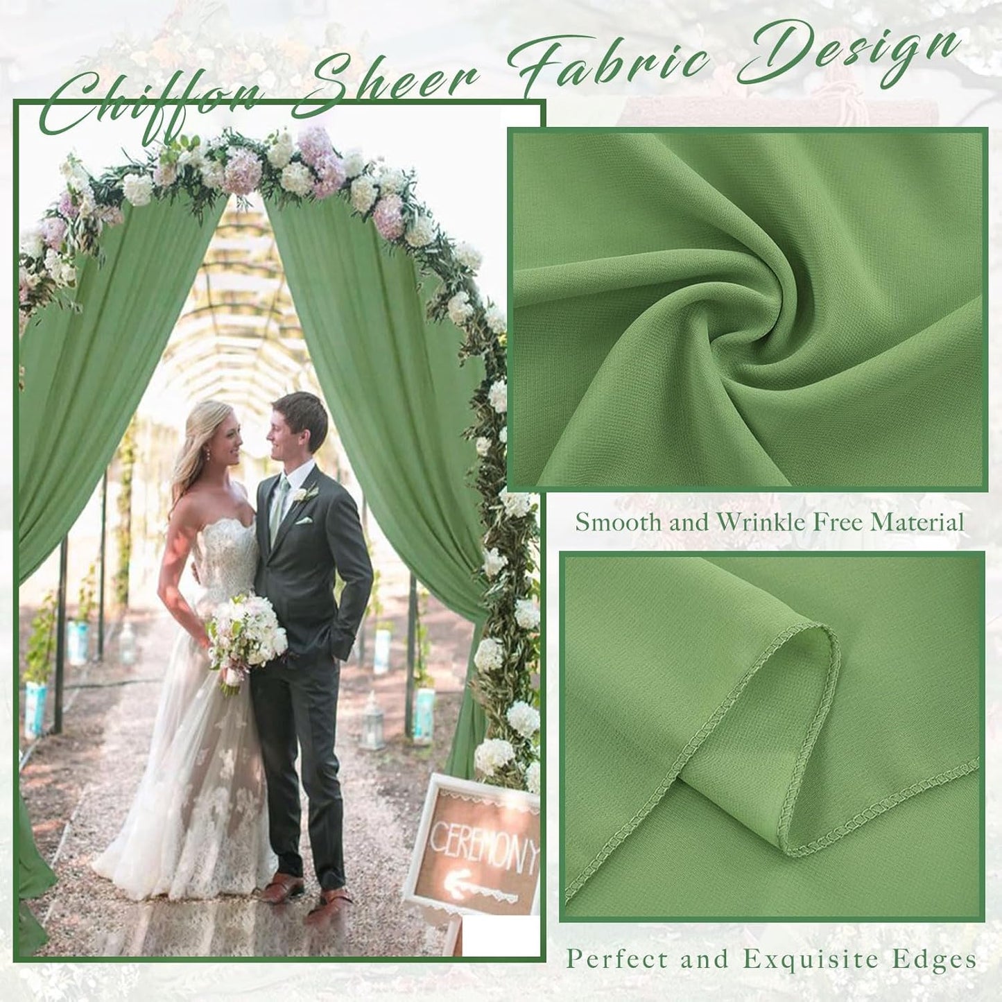 Wedding Arch Draping Fabric 4 Panels 20Ft length x 28" width Sage Green Arch Drapes Chiffon Fabric Sheer Curtains Backdrop for Party Bridal Decorations Wedding Ceremony Ceiling Stage Reception Decor