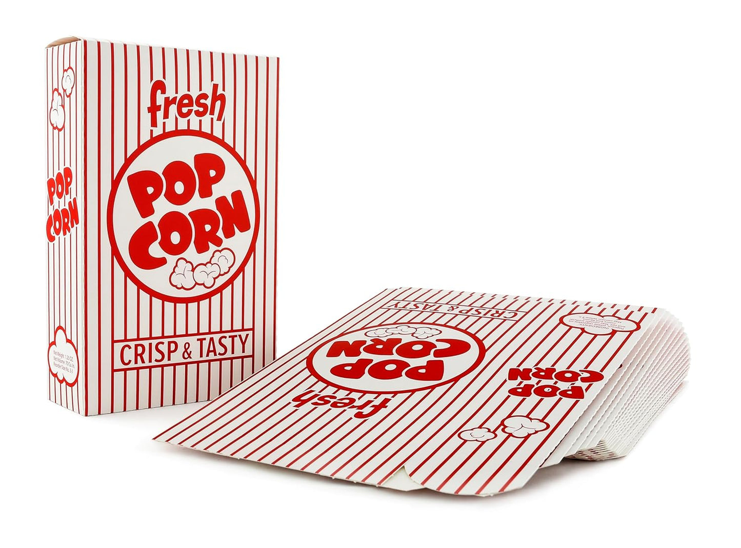 Snappy 3J Red & White Striped Close Top Popcorn Boxes for Movie Night Supplies, Popcorn Boxes Bulk 500 Count, Movie Night Popcorn Boxes 1.25 oz. Capacity, 4.625" x 2" x 7.5" Popcorn Containers