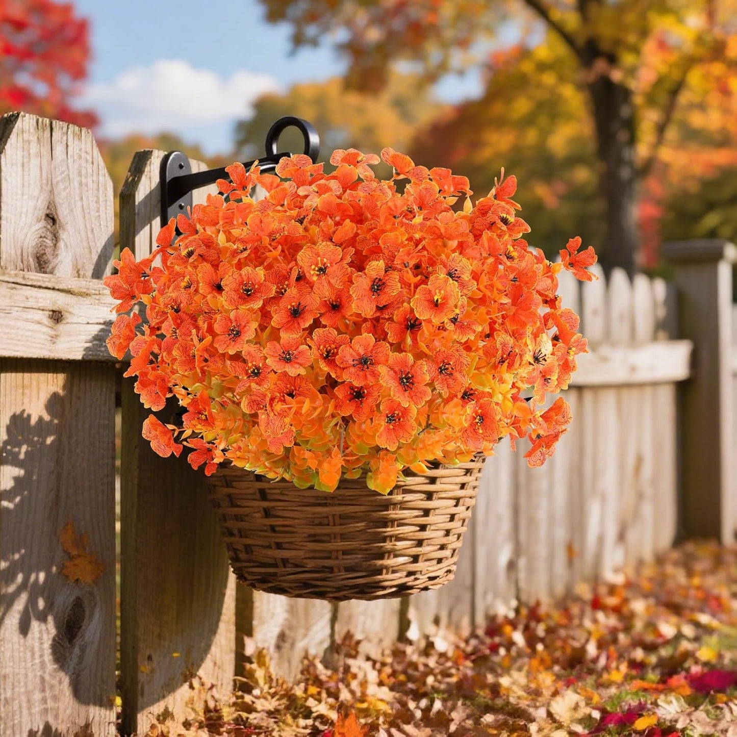 AmyHomie 16 Bundles Orange Artificial Fall Flowers for Outdoors Fall Decor UV Resistant Fake Mums Flowers No Fade Fake Plastic Plants Garden Porch Window Box Decorating