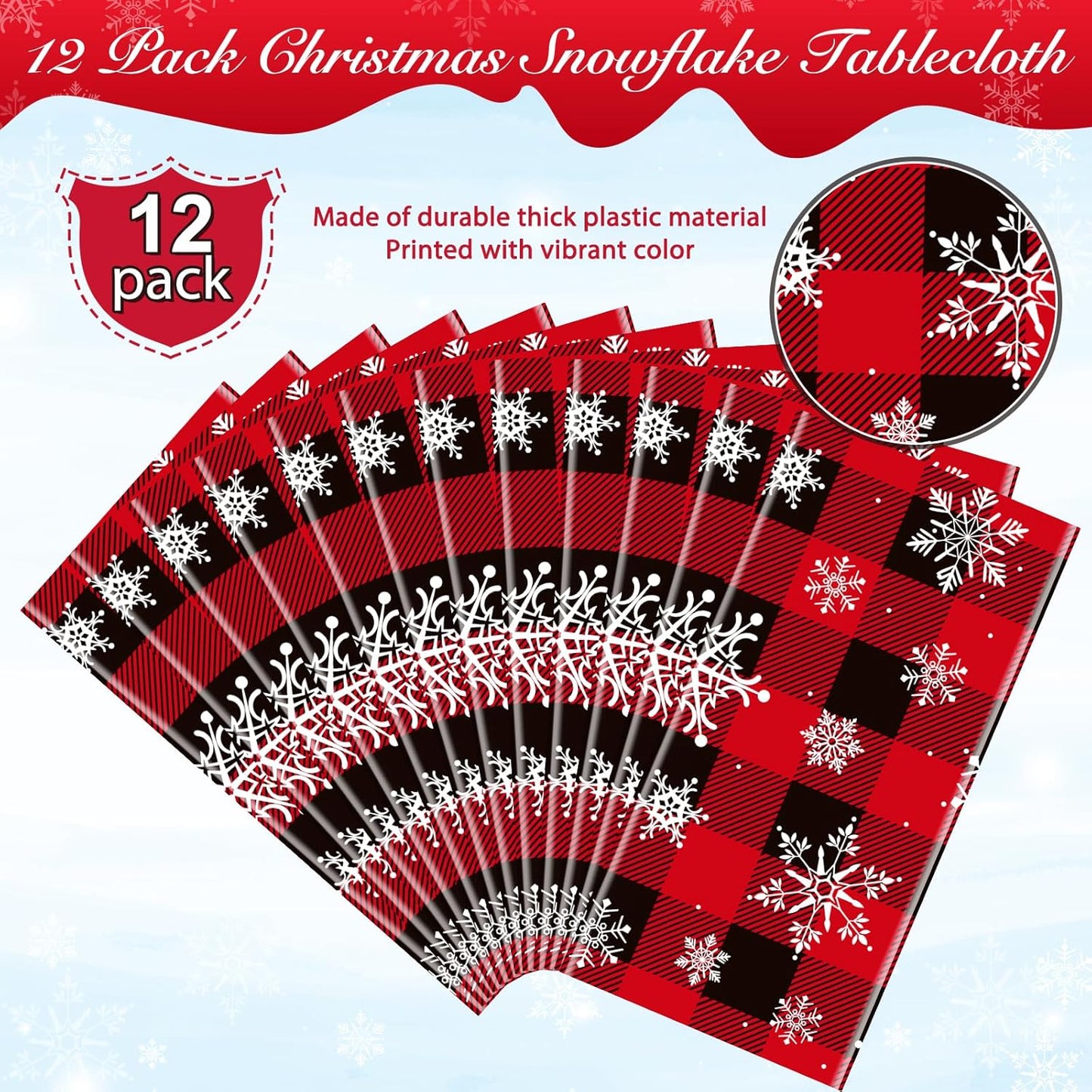 12 Pieces Red and Black Buffalo Plaid Merry Christmas Party Tablecloth Decorations,Plastic White Snowflake Buffalo Plaid Sign Table Cover for Winter Christmas Holiday Party Supplies,54x108 inch