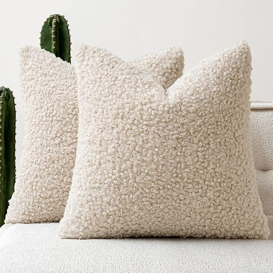 Faux Fur Throw Pillow Covers 18x18 Inch Set of 2 Boucle Neutral Decorative by Woaboy