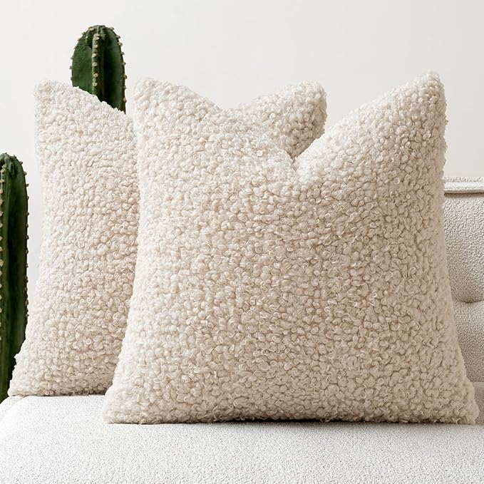 Faux Fur Throw Pillow Covers 24x24 Inch Set of 2 Euro Boucle Neutral Decorative by Woaboy