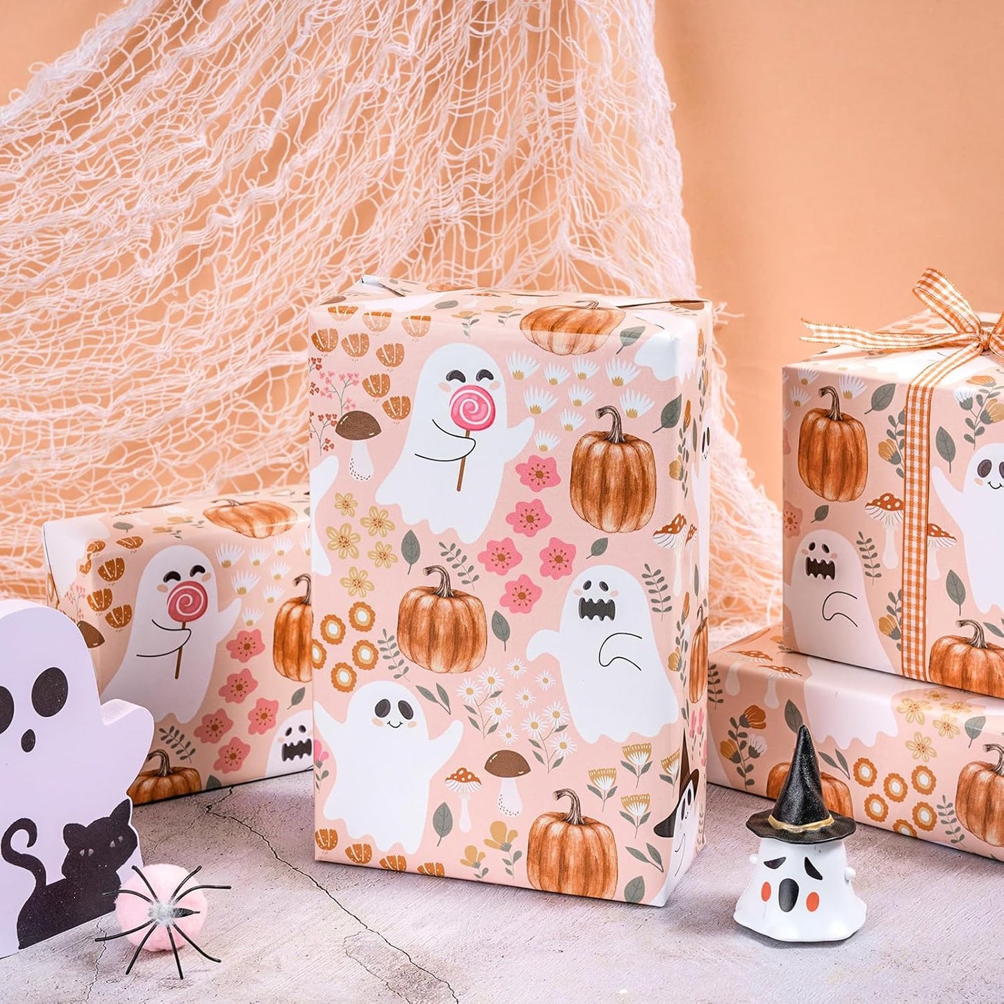 LeZakaa Pink Halloween Wrapping Paper Roll, Cute Ghosts Pumpkins Fall Florals in Pink Spooky Design Trick-or-Treat Gift Wrap for Girls, Kids, Soft Aesthetic Halloween Gifts, Mini Roll 17 in x 16.4 Ft
