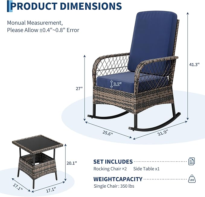 3 pcs Outdoor Rocking Bistro Set, Wicker Rocking Bistro Set - Image 2