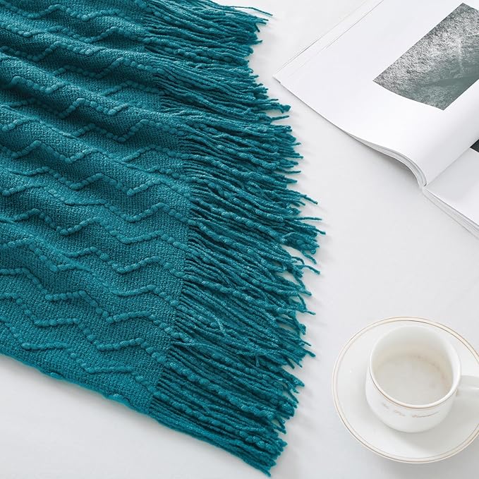 BOURINA Teal Throw Blanket 50x60 Inches Throw Textured Solid Soft Sofa Couch - Image 6