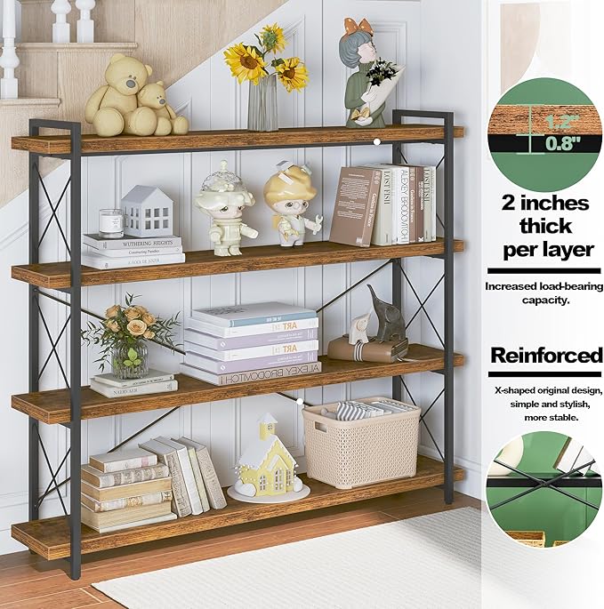 HCHQHS Large Bookshelf, 4-Tier Long Industrial Bookcase, Rustic Brown Book Shelf - Image 4
