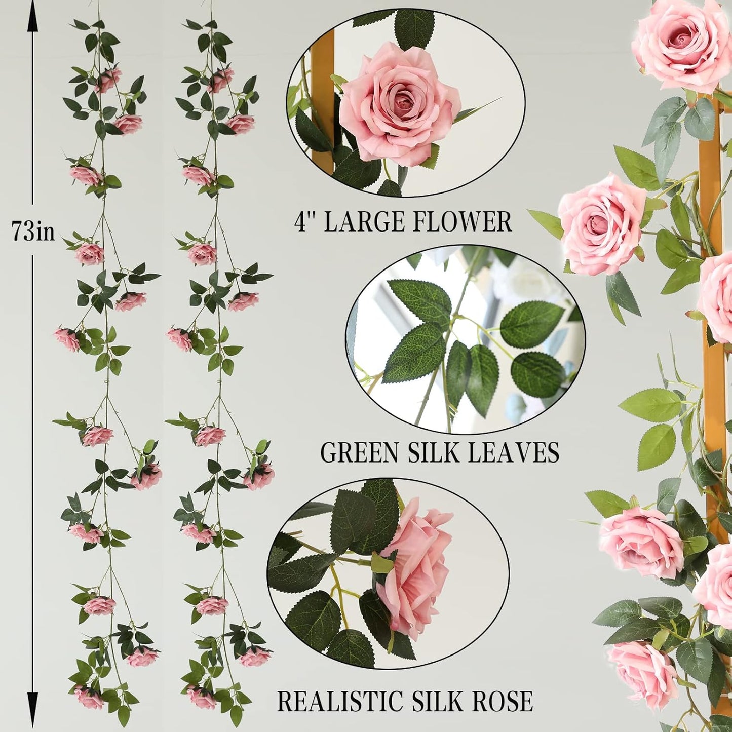 2 Strands 73'' Artificial Silk Rose Flower Vines Garland, Fake Pink Roses Floral Green Leaves Hanging Plant for Wedding Arrangement Decoration, Wall, Party, Bedroom, Home Decor (Pink)