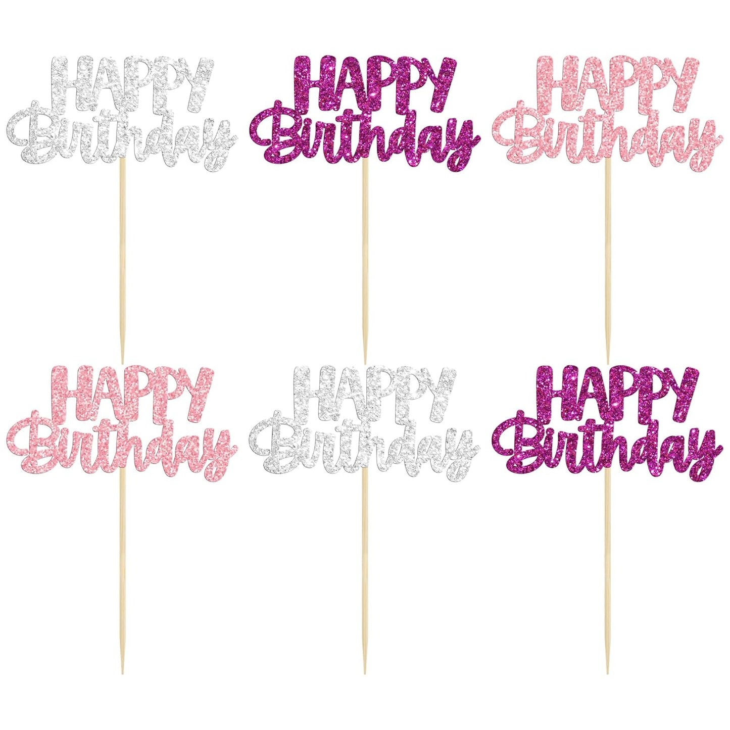 Gyufise 24Pcs Happy Birthday Cupcake Toppers Glitter Birthday Cupcake Food Picks for Celebrating Happy Hallowenn Theme Party Cake Decorations Supplies Purple White Silver