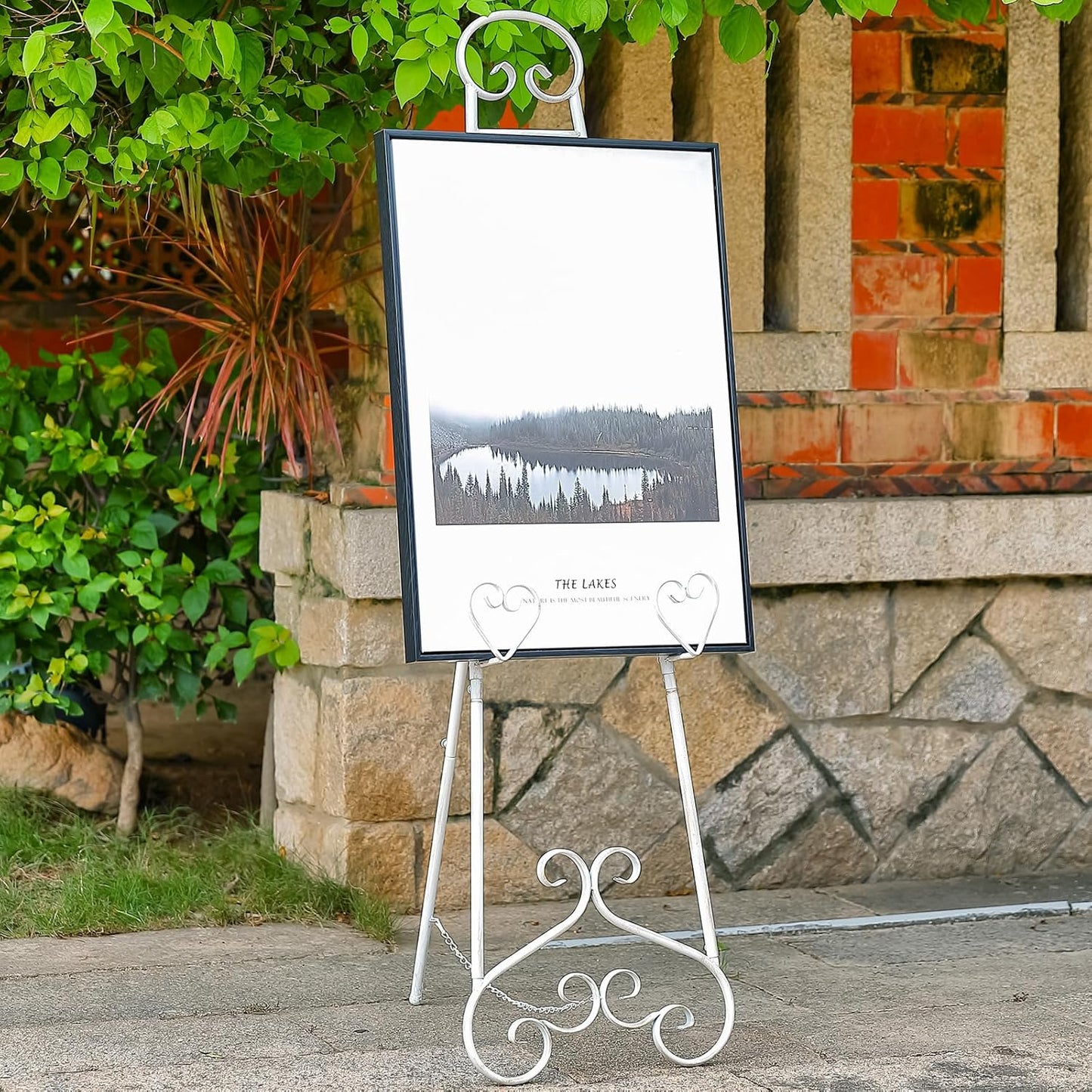 Extra Large Free Standing Adjustable Display Stand Easel with Chain Support, Retro White Decorative Metal Foldable Floor Standing Easel for Display Mirror Wedding Welcome Signs, 16.3" x 19.3" x 56"