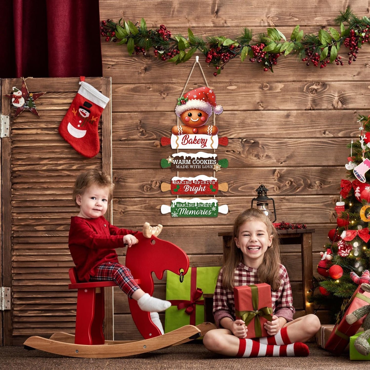 CHDITB Wooden Gingerbread Bakery Christmas Door Hanger, Rustic Christmas Wall Hanging Sign with Cookies Rolling Pin Warm Saying, Farmhouse Xmas Winter Holiday Decor for Indoor Outdoor