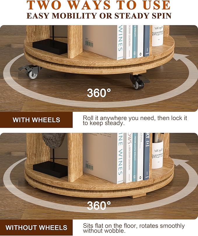 6-Tier Solid Wood Rotating Bookshelf on Wheels, 360° Spinning Book Shelf Tower - Image 5