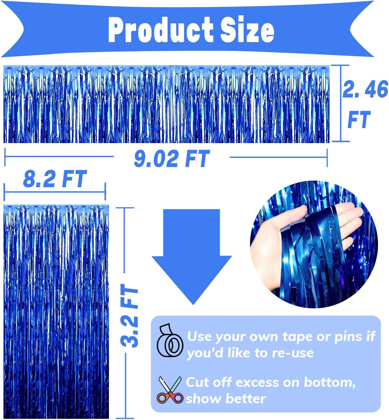 4P Metallic Foil Fringe Tinsel Table Skirts for Rectangle Tables Backdrop Banner Tinsel Streamer Garland Curtains for Parade Floats Wedding Graduation Anniversary Birthday Parties Decoration (Blue)