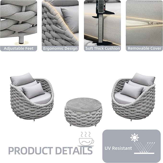 TWT 3 Pieces Aluminum Patio Furniture Set, Hand Woven Textilene Rope Outdoor - Image 3