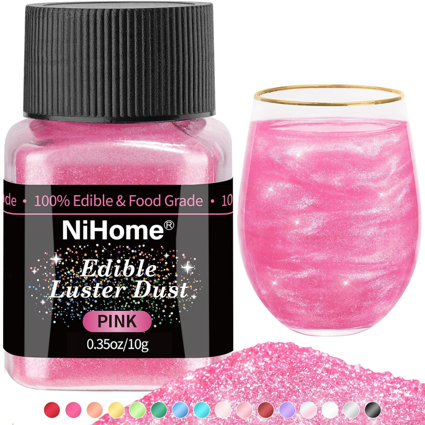 NiHome Edible Food-Grade Glitter Powder Glimmer Luster Dust Metallic Fancy Food Decorating Sprinkle Glimmery Dust for Drink Wine Beverage Cake Bakery Vegan Allergen-Free (Pink, 0.35oz/10g)