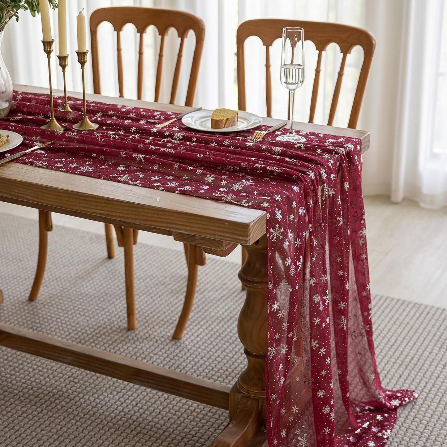 Silvery Snowflake Metallic Print Tulle Christmas Table Runner, Seasonal Winter Kitchen Dining Table Decoration for Home Party Decor 35x120 Inch (Burgundy)