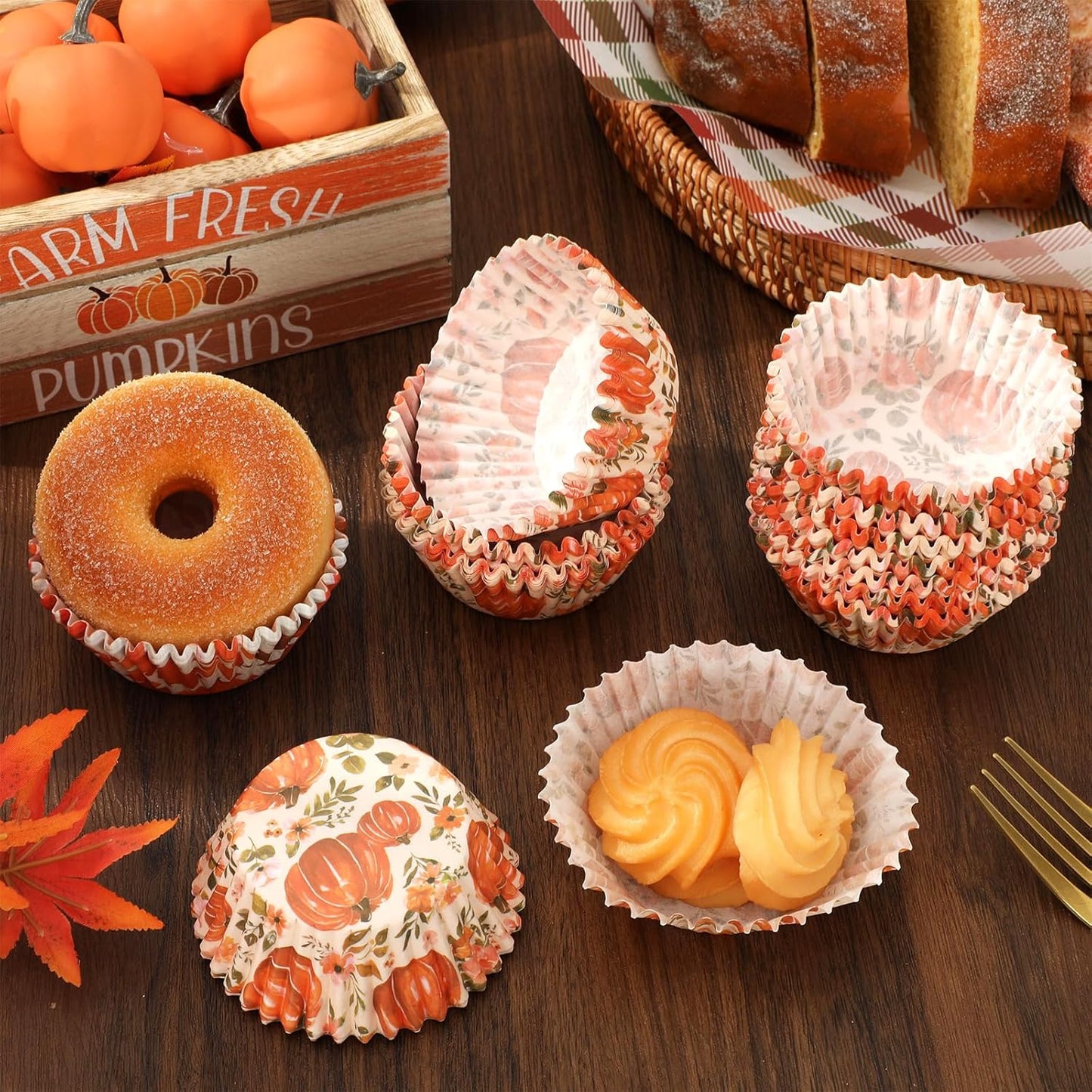 Whaline 300Pcs Fall Cupcake Liners Watercolor Pumpkin Flower Paper Baking Cups Autumn Floral Muffin Liner Cake Paper Cups Storage Container for Thanksgiving Party DIY Craft, 2x1.2 Inch