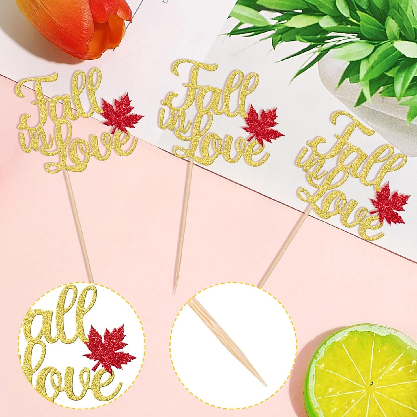 24 PCS Fall in Love Cupcake Toppers Glitter Maple Leaf Fall Theme Bridal Shower Cupcake Picks Wedding Engagement Cake Decorations for Autumn Wedding Anniversary Bridal Shower Party Supplies Gold