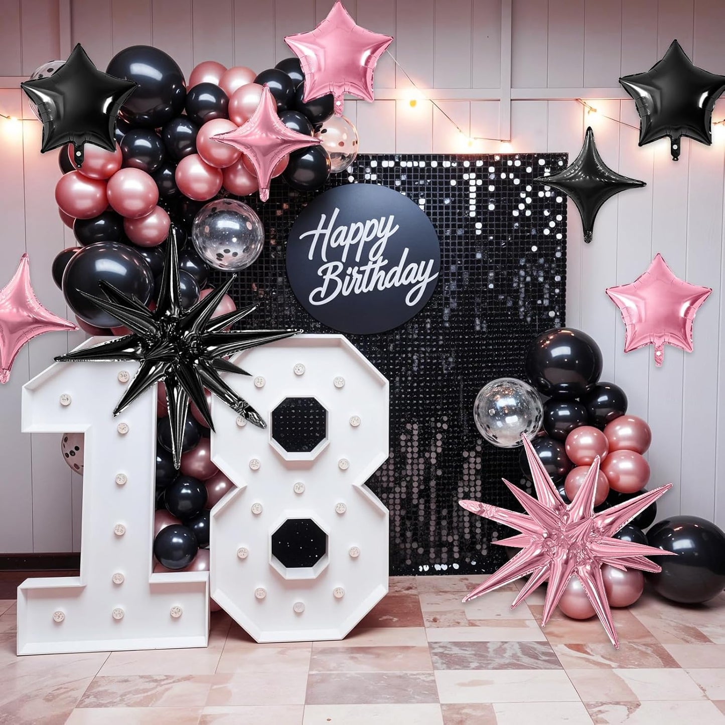 Pink Black Star Balloon,16Pcs Star Foil Balloons Set with 22Inch Explosion Spike Cone Balloons and 10Inch Quadrangle Helium Balloon for Birthday Wedding Baby Shower Party Decorations