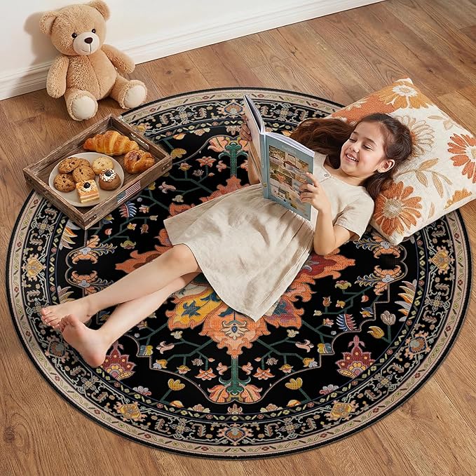 RELEANY Area Rugs Round 4ft Washable Non-Slip, Floral Vintage Distress Print by RELEANY