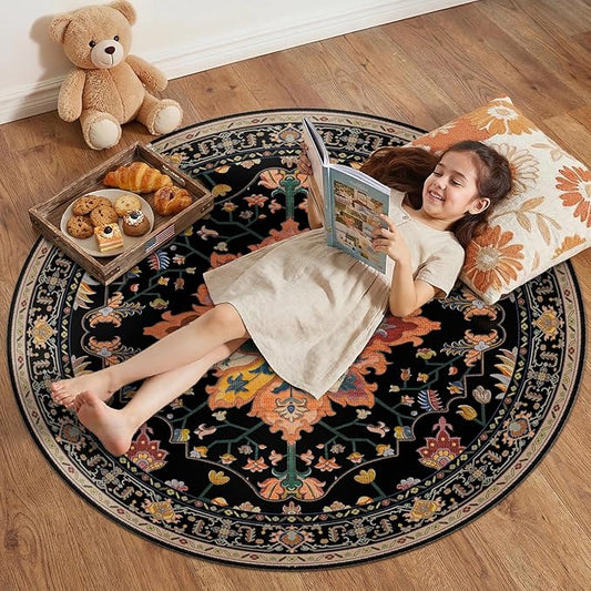 RELEANY Area Rugs Round 4ft Washable Non-Slip, Floral Vintage Distress Print by RELEANY