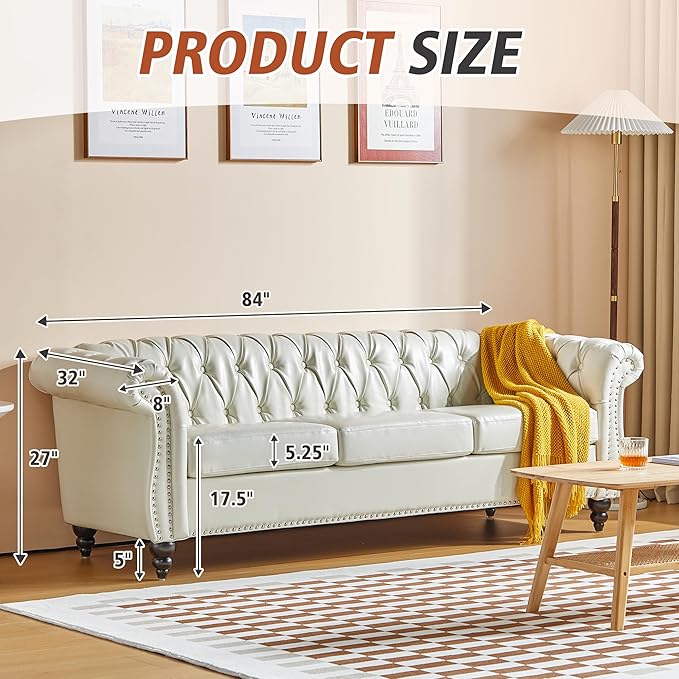 ORRD 2 Piece Living Room Set, Chesterfield Faux Leather Sofa Loveseat Couch - Image 3
