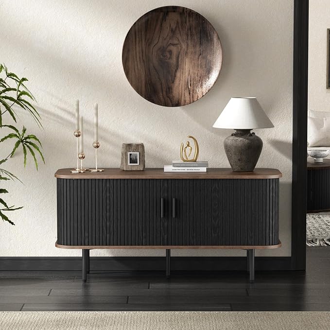 55''W Black Cabinet with Storage, Media Console, Tambour TV Stand, Television - Image 7