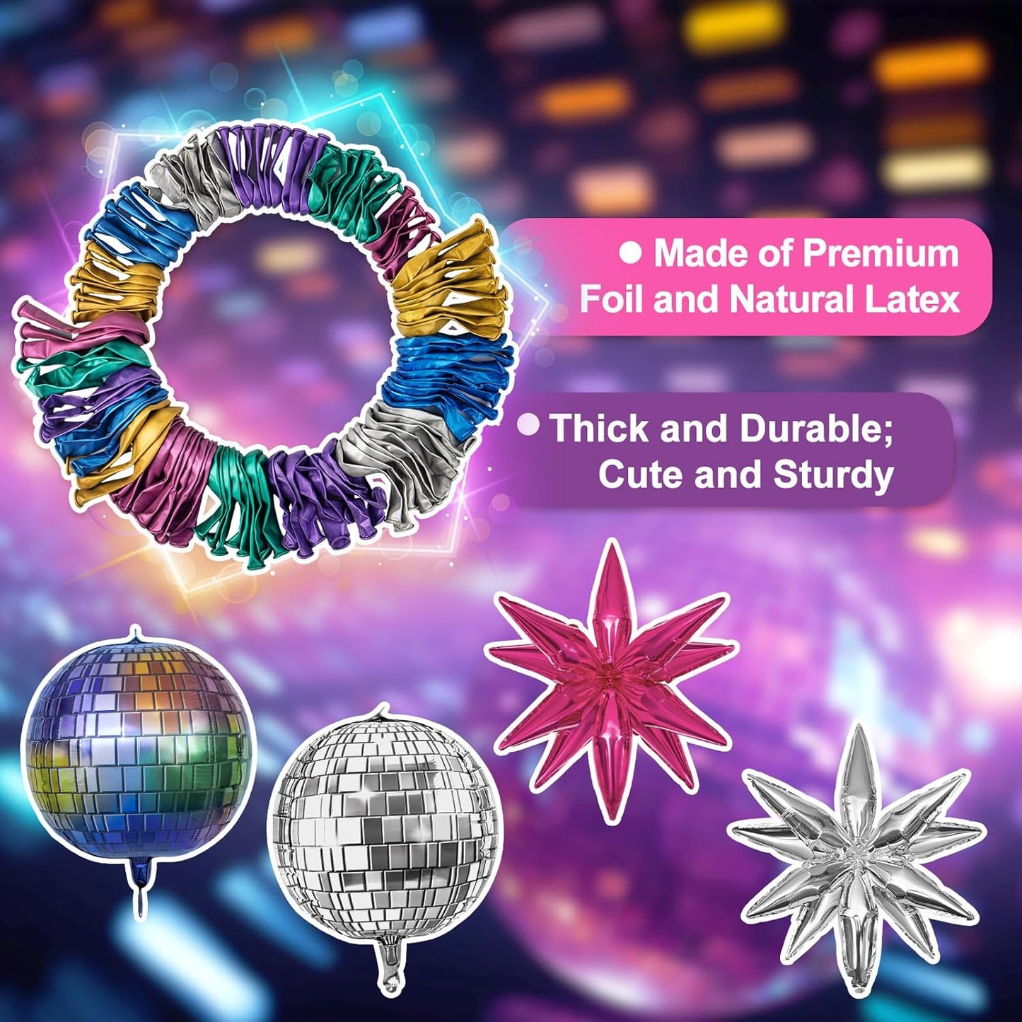 150Pcs Metallic Disco Balloon Arch Garland Kit, Chrome Purple Hot Pink Blue Silver Disco Ball Star Balloons for Men Women 80s 90s Birthday Party Decorations Graduation Space Neon Supplies