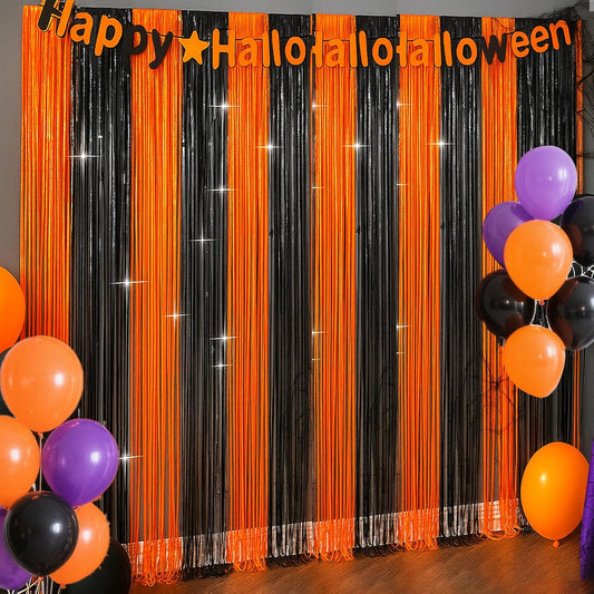 4 Packs Halloween Foil Fringe Curtain, Orange and Black Metallic Tinsel Backdrop for Birthday, Baby Shower, Bachelorette, Halloween Party Decorations Favors Supplies Indoor Outdoor
