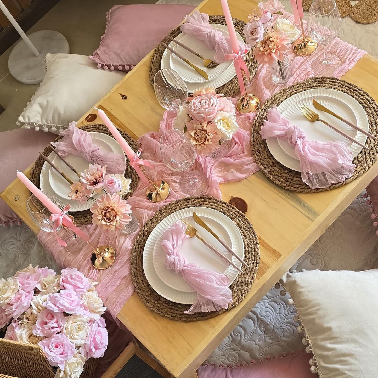 3 Pack Light Pink Cheesecloth Table Runner Gauze Table Runner Rustic Sheer Cheese Cloth 10Ft for Wedding Baby Shower Bridal Shower Sheer Boho Fall Thanksgiving Home Decor