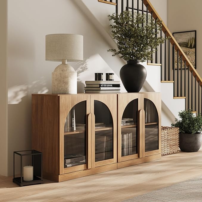 BELLEZE 2 Tier Bookshelf with Arched Glass Door by BELLEZE