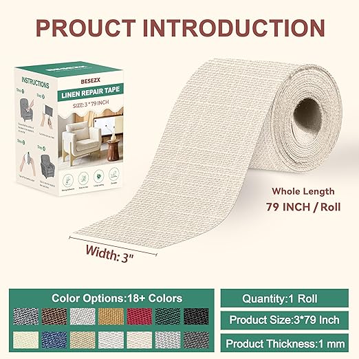 Besezx Linen Fabric Repair Tape, 3x79 Inch Self Adhesive Repair Patches - Image 2
