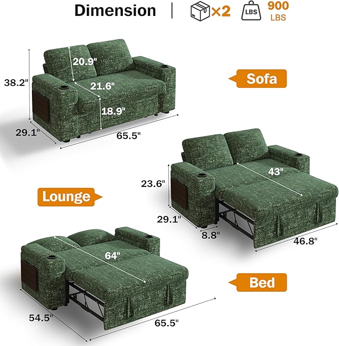 Vipbear 65" Loveseat Sleeper Sofa - Image 2