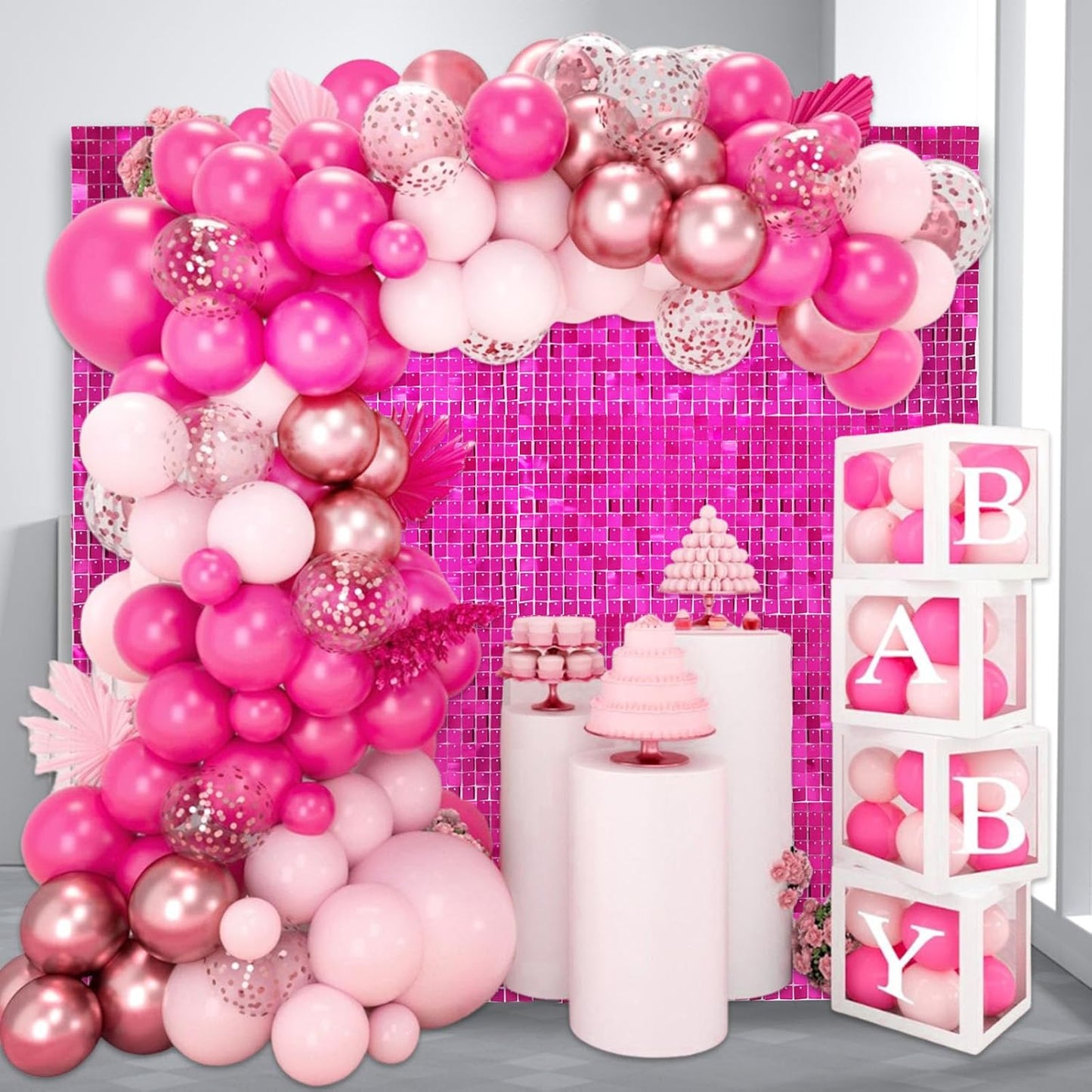 24PCS Hot Pink Shimmer Wall Backdrop, Square Sequin Backdrops Panel, Glitter Wall Background for Birthdays, Weddings, Graduation, Engagements, Disco Bachelorette Party Decoration (4FTx6FT)