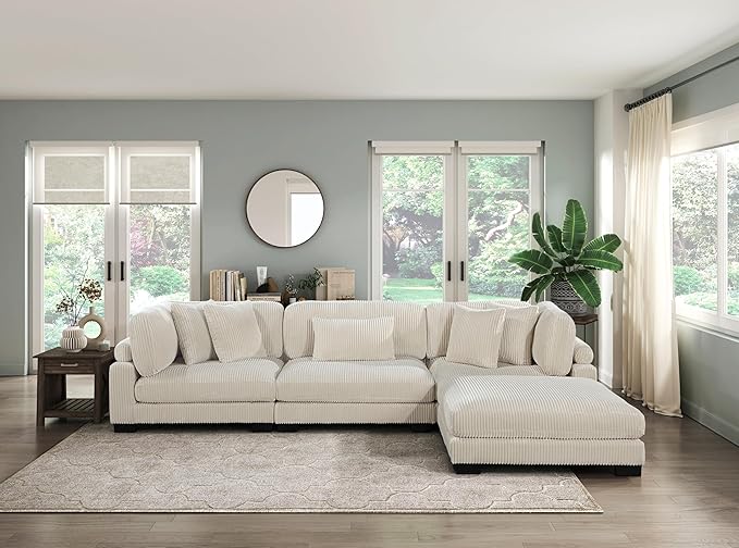 Modular Corner Seat, Plush Beige Corduroy Sofa, Customizable Living Room - Image 2